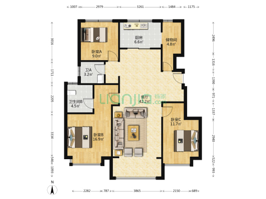 财信河西府 3室1厅2卫 125平方