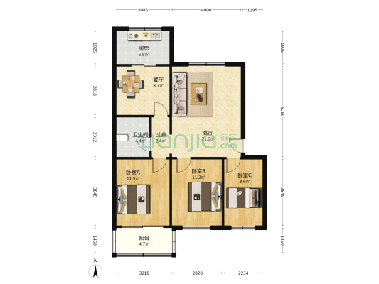 阳光小区 3室2厅1卫 97平方