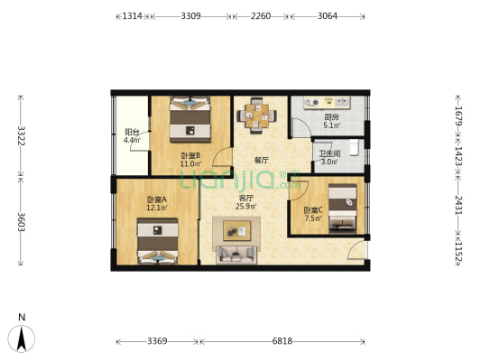 名城花园 3室1厅1卫 77平方
