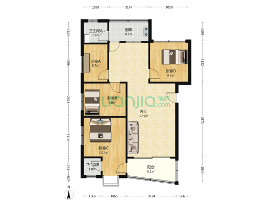 德政东路8-1号 4室1厅2卫 107平方