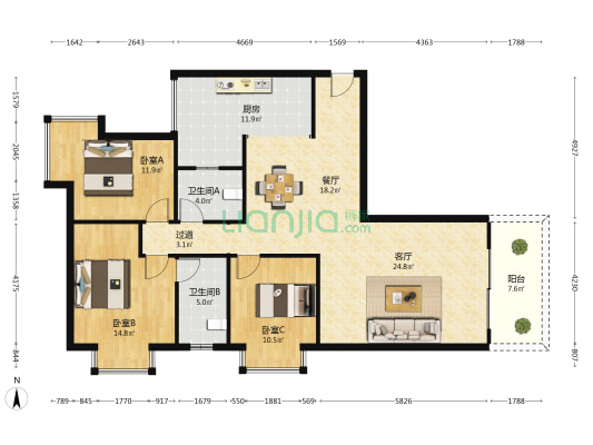 金腾江湾小区 3室2厅2卫 137平方