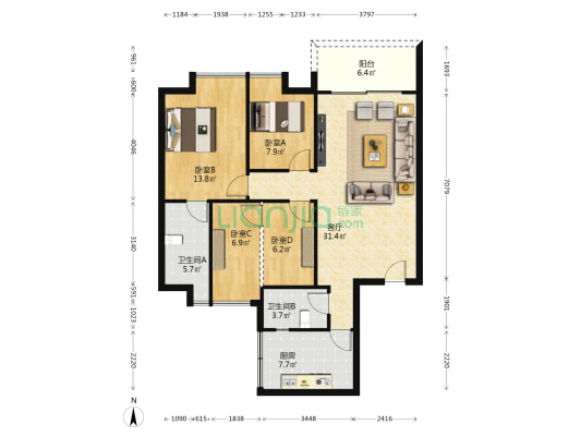 丰年华庭 4室1厅2卫 112平方