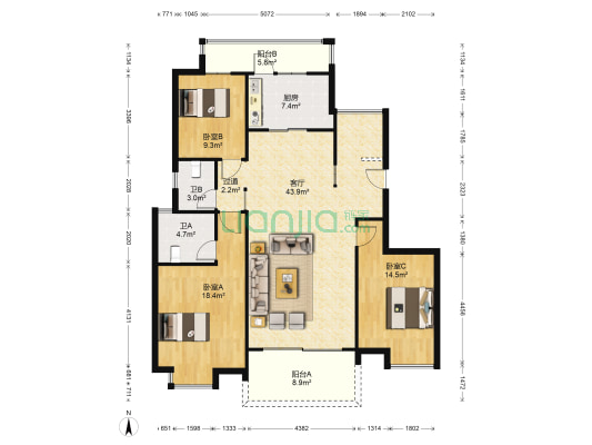 尚城名筑 3室1厅2卫 141平方