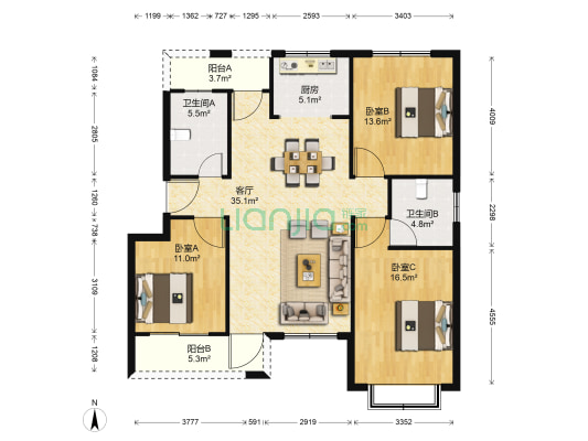 阳光水世界五期 3室1厅2卫 129平方