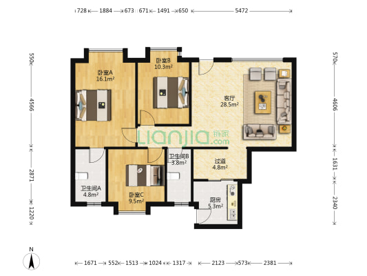 东城御峰花园 3室1厅2卫 94平方