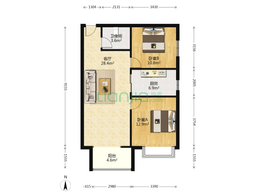 急售环京107道边精装两居，93平，价格美丽。-户型图