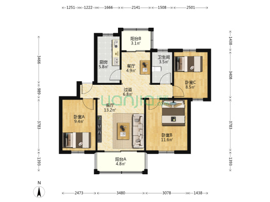 富荔花园 3室2厅1卫 86平方