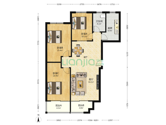 西南村 3室1厅1卫 124平方
