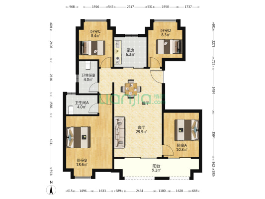 美的君兰半岛A3地块 4室1厅2卫 125平方