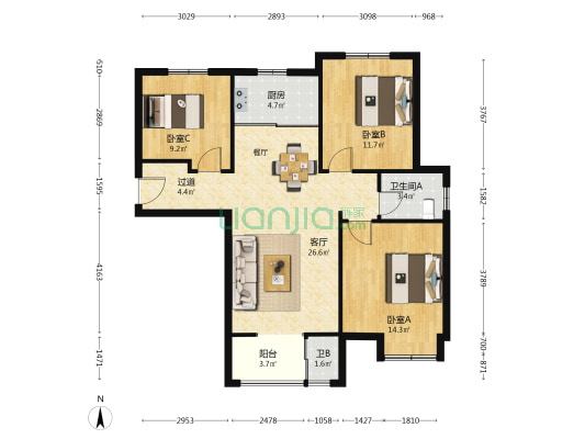 紫绸园 3室1厅2卫 108平方