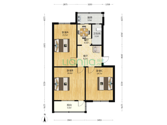 武警总队宿舍 3室2厅1卫 86平方