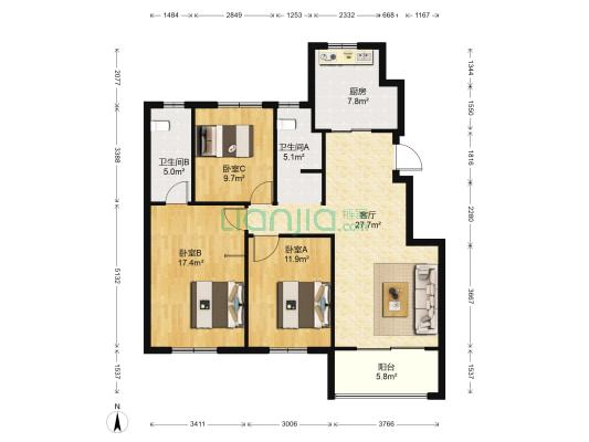 鑫河湾 3室1厅2卫 103平方