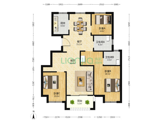 汇富苑 3室2厅2卫 110平方