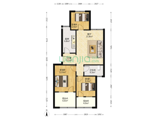 农行宿舍 3室1厅1卫 85平方