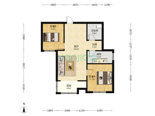 现代华府 2室1厅1卫 87平方