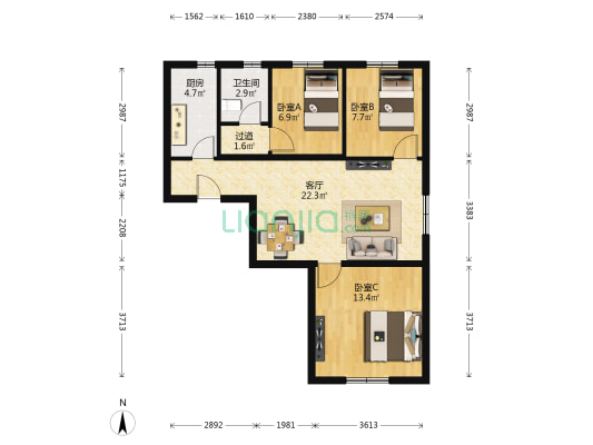 首开华润花香四季 3室1厅1卫 89平方