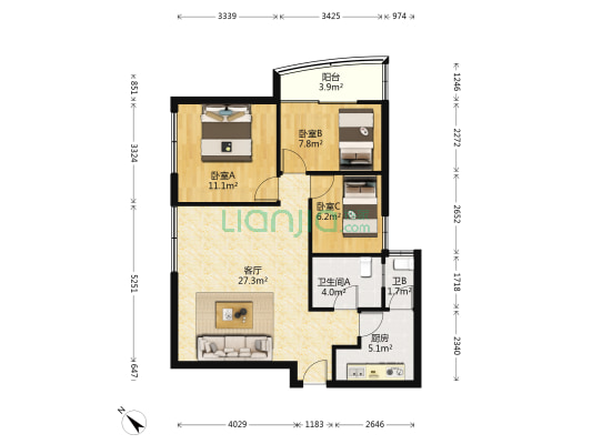 景龙大厦 3室1厅2卫 89平方