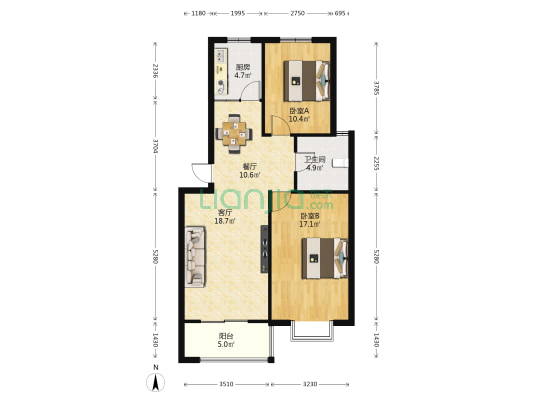 金都花园 2室2厅1卫 88平方