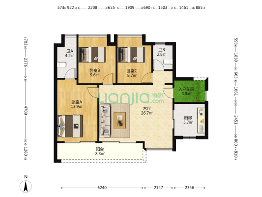 保利时代天珀 3室1厅2卫 100平方