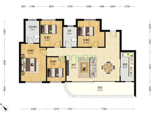 香港置地西元 4室1厅2卫 131平方