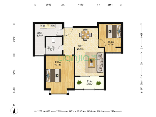 中南世纪城东区 2室1厅1卫 88平方