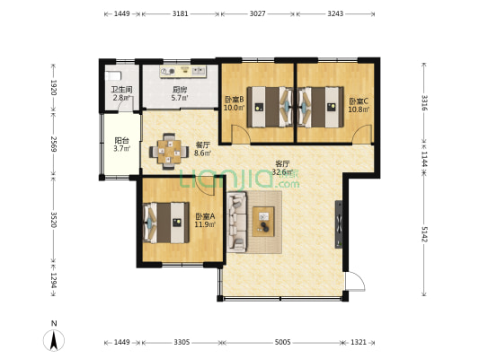 食品肉联厂宿舍 3室2厅1卫 97平方