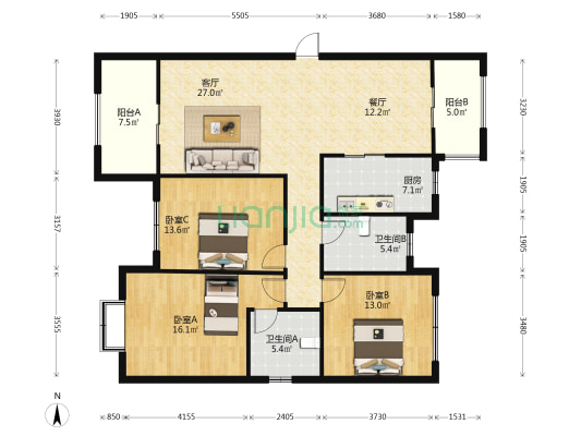 建业十八城 3室2厅2卫 140平方