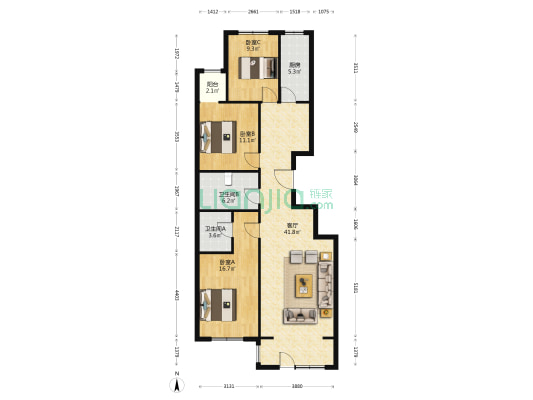 书香门第 3室1厅2卫 126平方