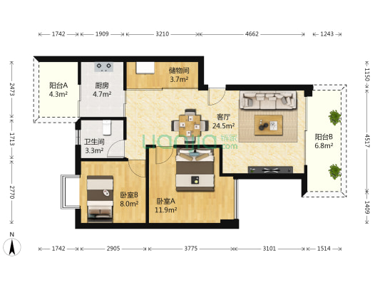 风采轩 2室1厅1卫 75平方
