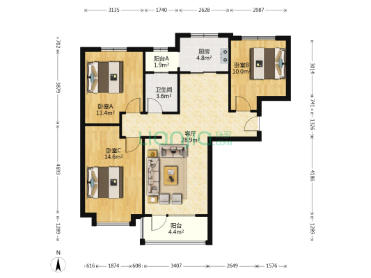 高铁板块精装三居，南北通透，全天采光-户型图