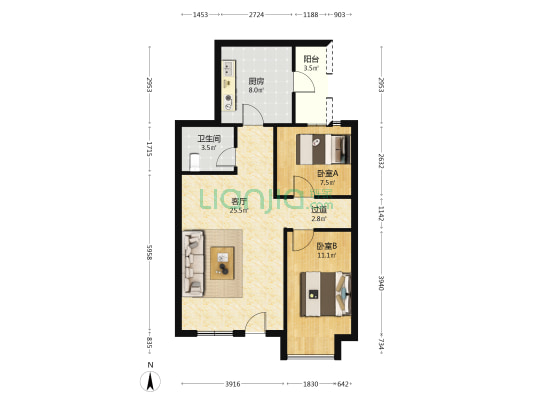 恒大滨河悦府 2室1厅1卫 91平方