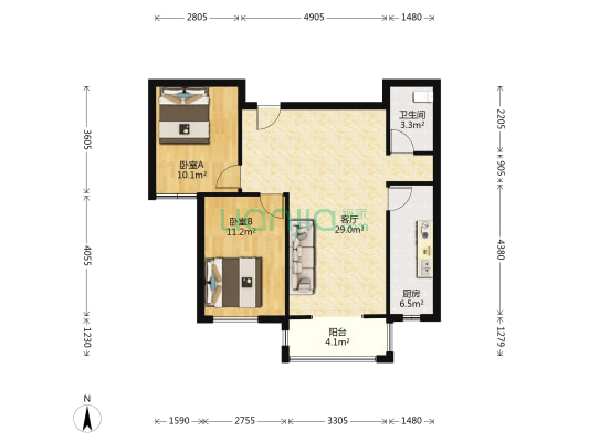 潮白晓月 2室1厅1卫 89平方