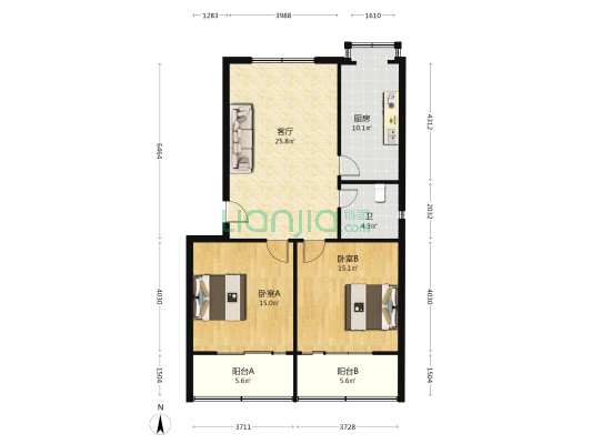 文化路86号院 2室1厅1卫 90平方