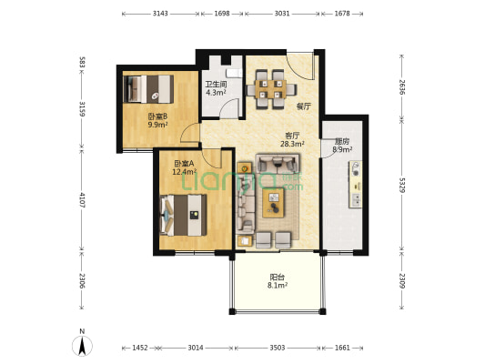 金宇紫林广场 2室1厅1卫 91平方