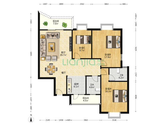 岭上嘉园一区 3室1厅2卫 137平方