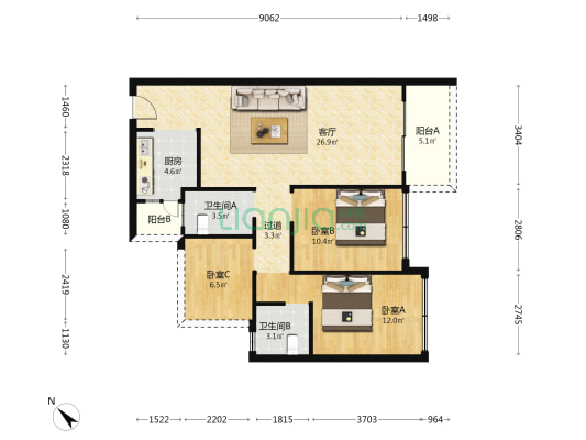 伟业兰廷湾 3室1厅2卫 92平方