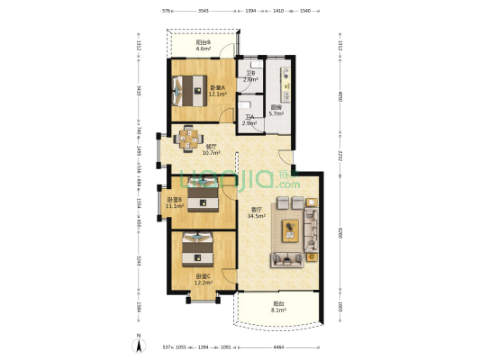 华景楼 3室2厅2卫 123平方