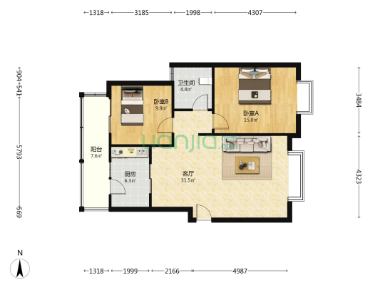 尚东美寓 2室1厅1卫 87平方