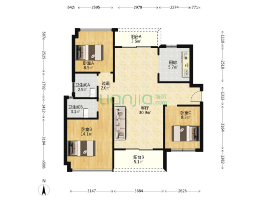 园洲花园二期 3室1厅2卫 108平方
