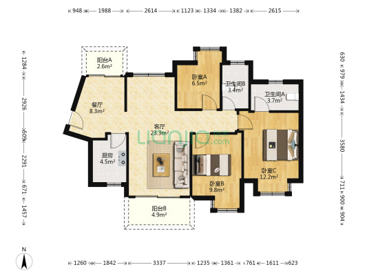 中惠悦峰 3室2厅2卫 102平方