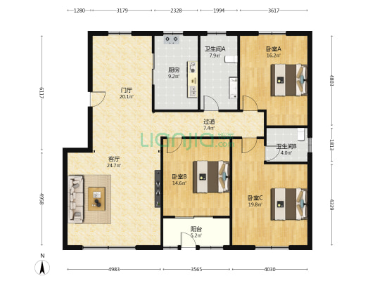 东润花园 3室1厅2卫 157平方