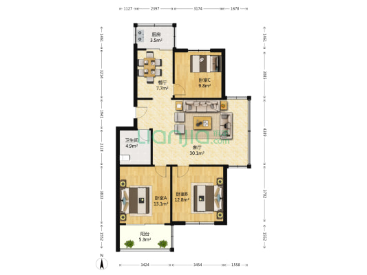恩马山庄 3室2厅1卫 102平方