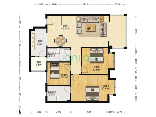 天龙瑞景 3室1厅2卫 117平方