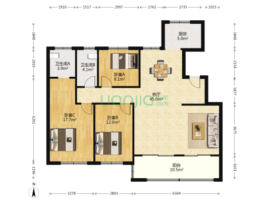 中铁悦和院 3室1厅2卫 131平方