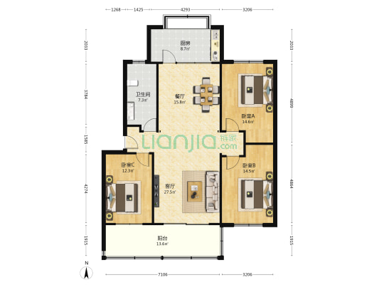 广厦小区 3室2厅1卫 131平方