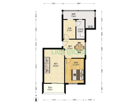 北湖街黄菱苑 1室2厅1卫 68平方