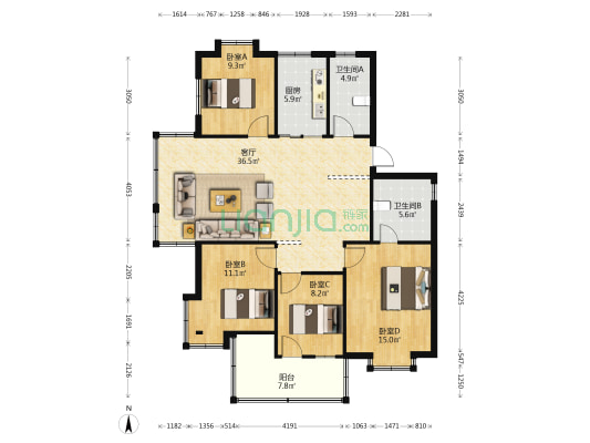 丽都花园 4室1厅2卫 115平方