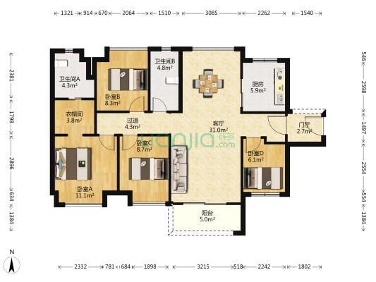 美的中交翰诚 4室1厅2卫 114平方