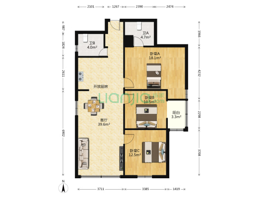 惠工大厦 3室1厅2卫 116平方