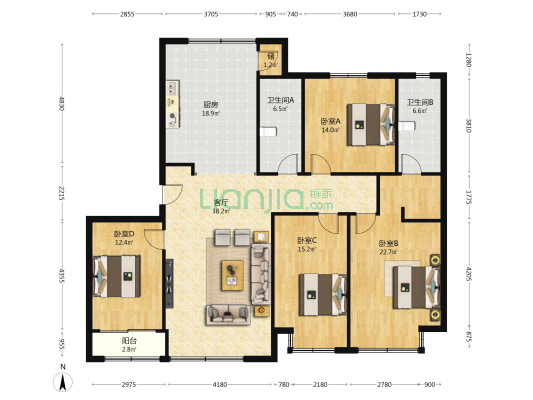 翰逸华园二期 4室1厅2卫 159平方